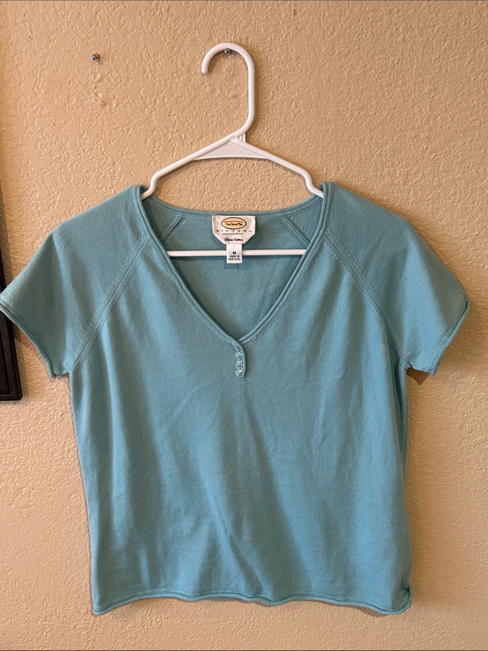 Talbots Petites Pima Cotton Short Sleeve Henley Top Blue Size M